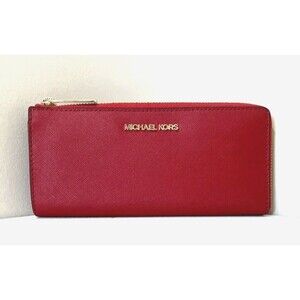 New Michael Kors Jet Set Travel Large Leather Quarter-Zip Wallet Chili